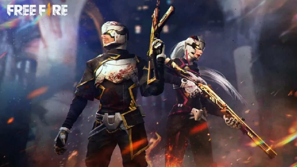 As principais gírias do Free Fire: Artigo completo e atualizado em 2023! 1 Imagem do jogo mostrando um casal com uma roupa em preto e dourado, segurando armas.