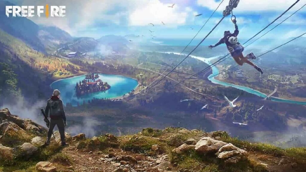Imagem mostrando um personagem do jogo pegando uma tirolesa no mapa purgatório.