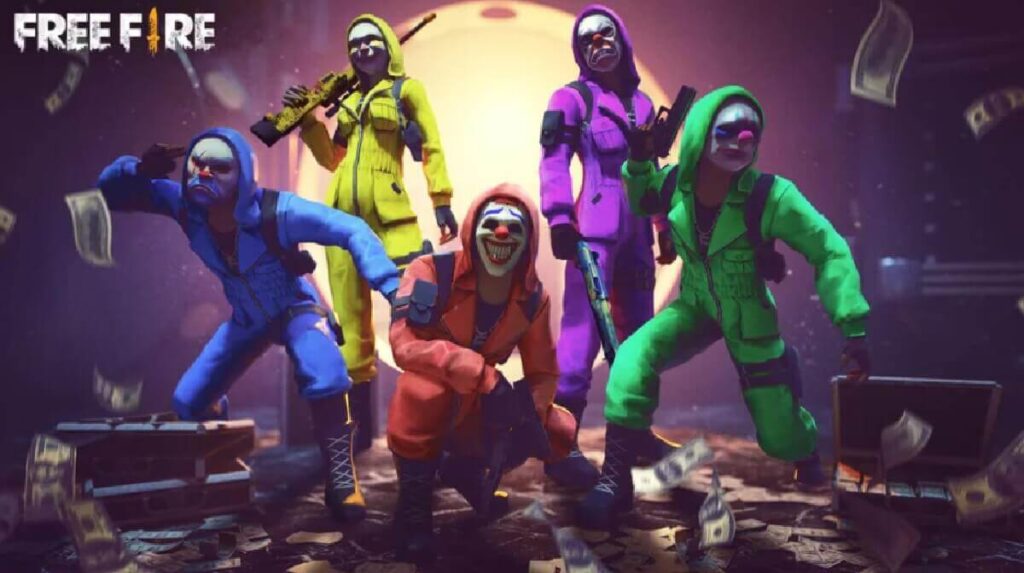 As 19 melhores incubadoras do Free Fire! 1 Banner do jogo mostrando 5 personagens com roupão em vermelho, azul, roxo, amarelo e verde.