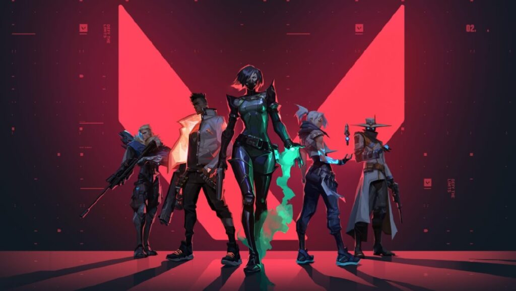 Todos os Elos do Valorant: Artigo atualizado em 2023! 1 Banner do jogo mostrando alguns personagens com habilidades únicas e o fundo em vermelho.