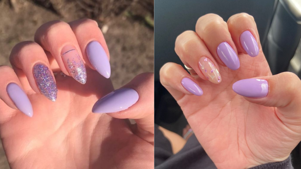 Unhas lilás com glitter e pedrinhas