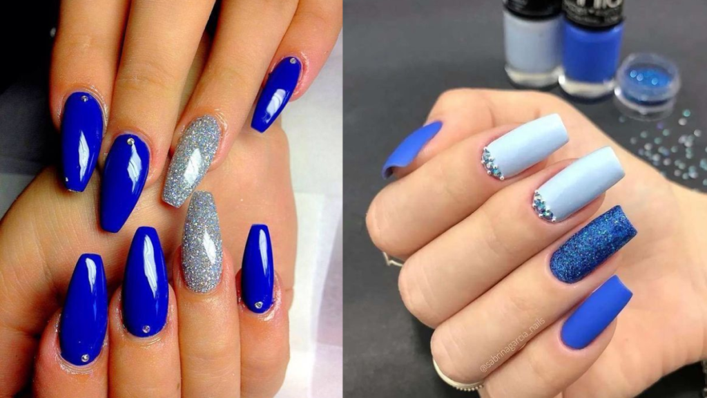 Unhas em Gel Azul com glitter