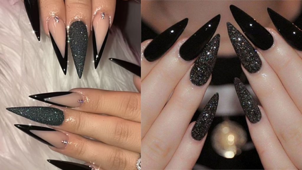 Unhas Stiletto Pretas com glitter
