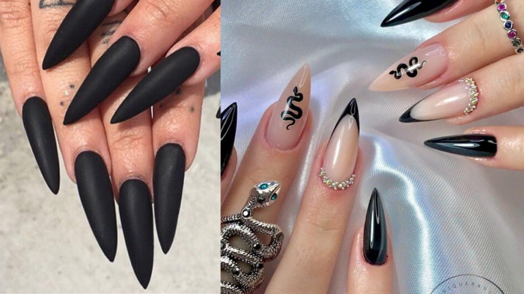 Unhas Stiletto Pretas com desenhos