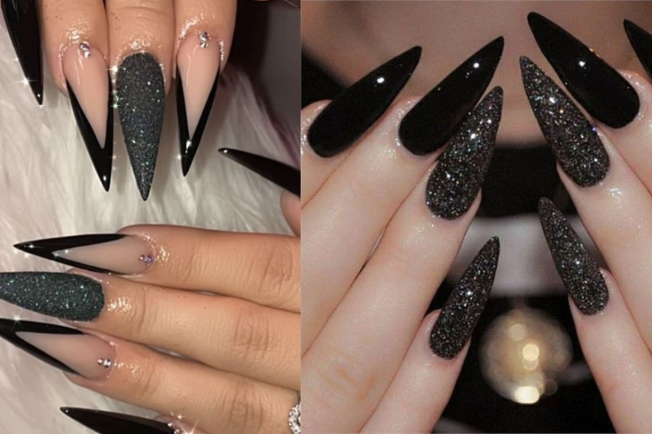 Unhas Stiletto Pretas: Confira as melhores dicas e mais incríveis opções para você arrasar! 19 Unhas Stiletto Pretas com glitter