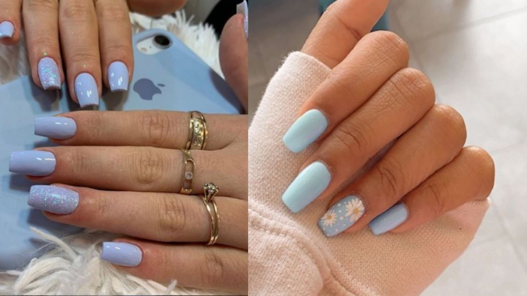 Unhas Azul Claro com flores