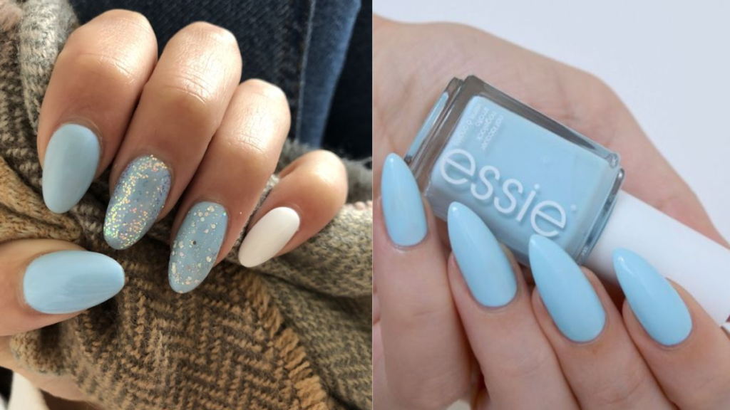Unhas Azul Claro com brilho