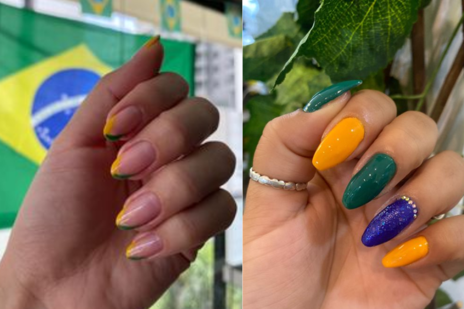 Unhas do Brasil várias cores da bandeira