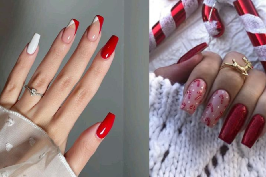Unhas Decoradas de Natal vermelho e branco